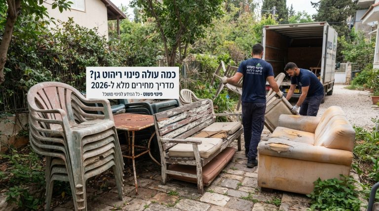 ריהוט גן ישן ובלוי, כולל כיסאות פלסטיק ושולחן חצר חלוד, המיועדים לפינוי מקצועי מהגינה.