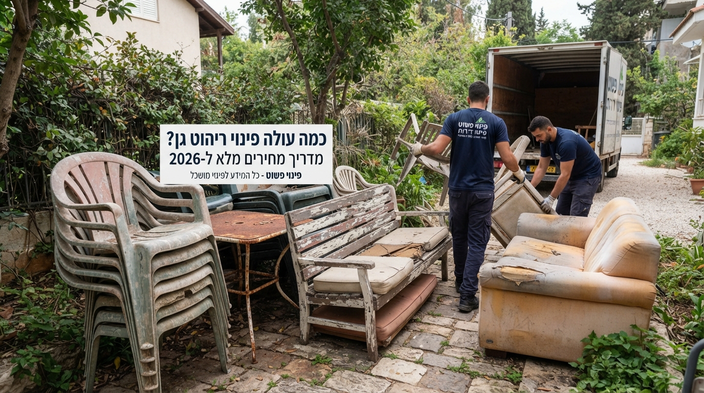 ריהוט גן ישן ובלוי, כולל כיסאות פלסטיק ושולחן חצר חלוד, המיועדים לפינוי מקצועי מהגינה.