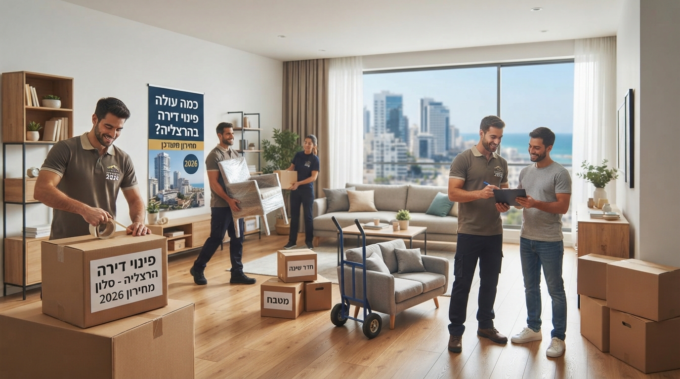 צוות מקצועי מפנה ומסדר דירה מוארת ומודרנית בהרצליה, עם ארגזים ארוזים וחלל נקי, הממחיש שירות פינוי דירות יעיל.