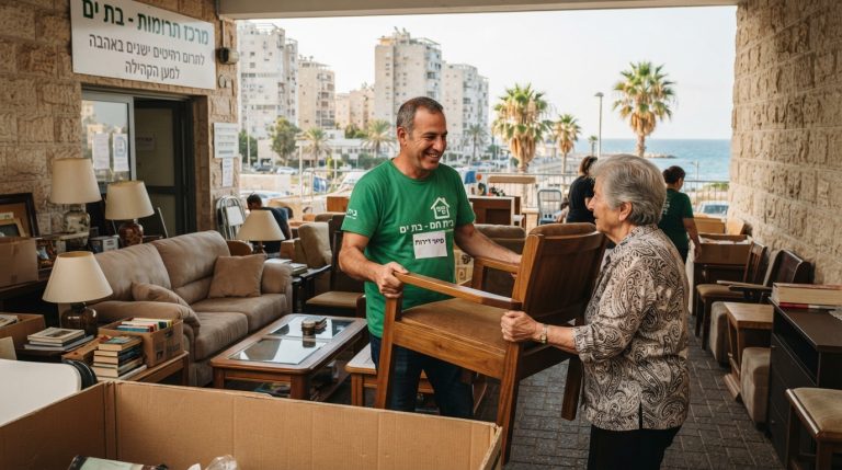 רהיטים ישנים ושמורים בתוך דירה בבת ים המוכנים למסירה ותרומה לנזקקים, כחלק מתהליך פינוי דירה אקולוגי וחברתי.
