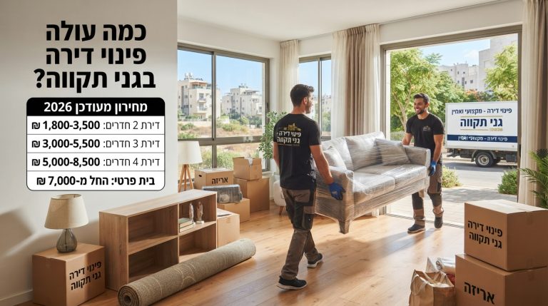 צוות מקצועי מבצע פינוי דירה בגני תקווה, דירה מוארת ומסודרת עם ארגזים ארוזים לקראת מעבר ופינוי תכולה.