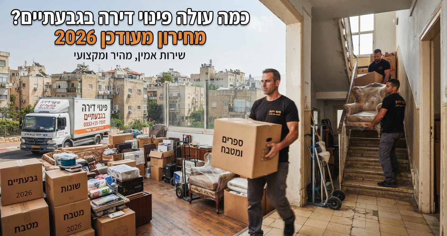 צוות מקצועי מפנה תכולת דירה, רהיטים וארגזים מתוך דירה טיפוסית בגבעתיים, על רקע נוף עירוני של בניינים ותיקים.