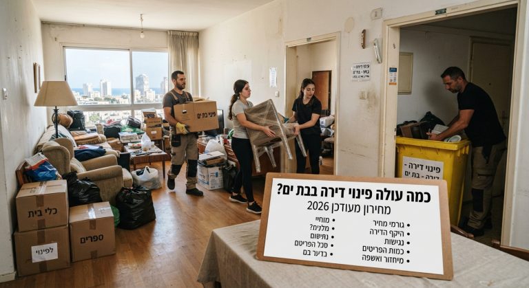 צוות מקצועי מבצע פינוי דירה בבת ים, עם ארגזים ארוזים ודירה נקייה, לצד סמל המייצג עלויות ומחירון פינוי דירות.