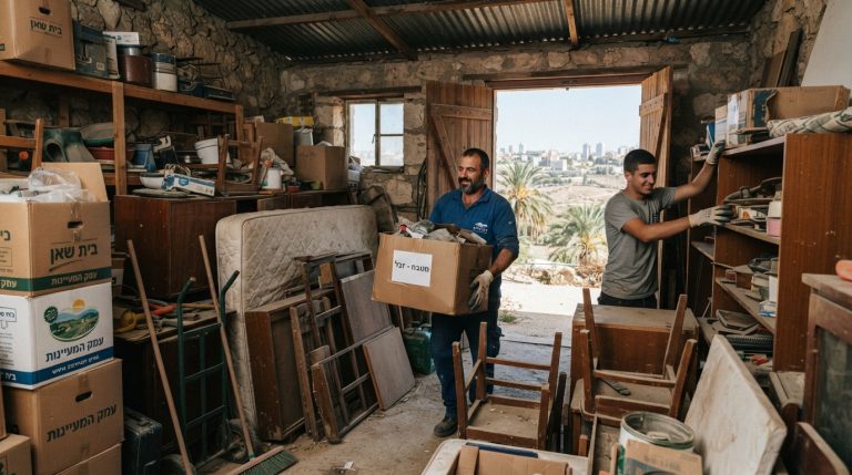 מחסן עמוס ברהיטים ישנים, ארגזים, כלים מאובקים וציוד שיצא משימוש בבית שאן, המיועד לתהליך של פינוי וניקוי.