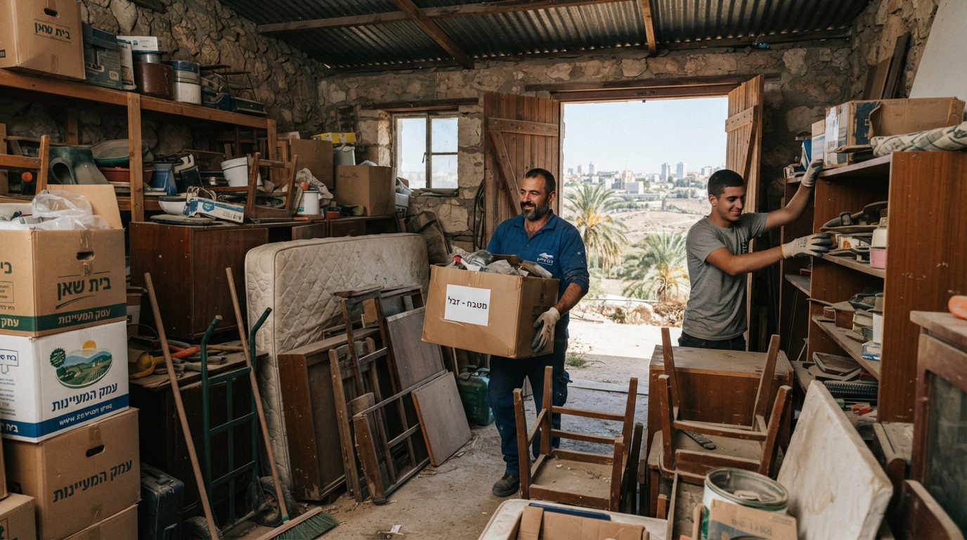 מחסן עמוס ברהיטים ישנים, ארגזים, כלים מאובקים וציוד שיצא משימוש בבית שאן, המיועד לתהליך של פינוי וניקוי.