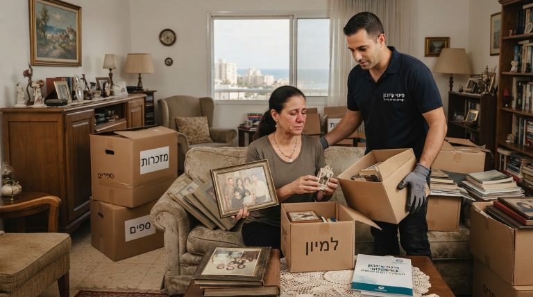 חדר מואר באור שמש טבעי עם ארגזי קרטון ארוזים ומסודרים לפינוי עיזבון באשקלון, המסמל מעבר רגיש ומכבד מדירת נפטר.