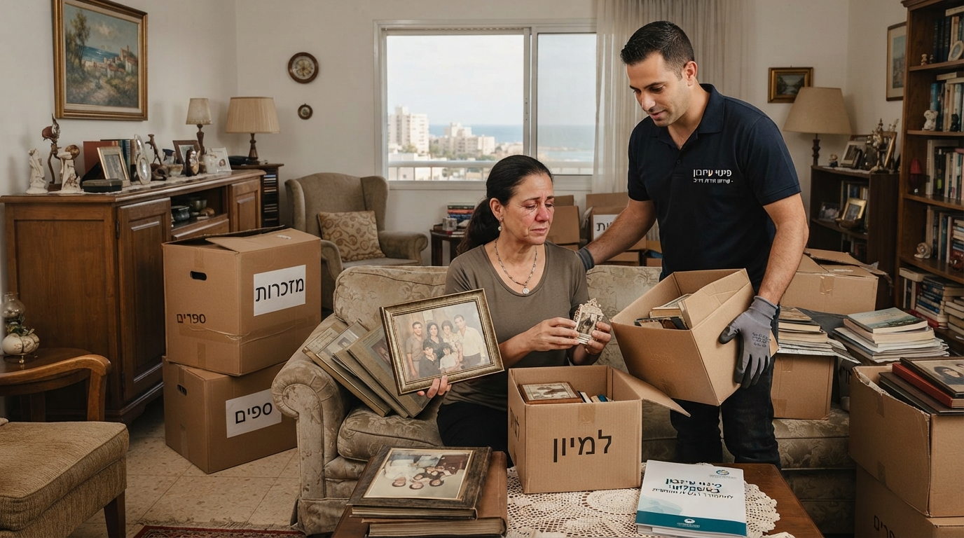 חדר מואר באור שמש טבעי עם ארגזי קרטון ארוזים ומסודרים לפינוי עיזבון באשקלון, המסמל מעבר רגיש ומכבד מדירת נפטר.