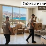 צוות מקצועי של פינוי דירות באילת מעמיס ארגזים ורהיטים ממשאית, על רקע נוף הים האדום והרי אילת.
