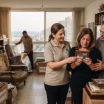 ארגזי קרטון ארוזים ומסודרים בדירה מוארת באשדוד, המיועדת לפינוי לאחר פטירה, באווירה מכבדת ורגישה.