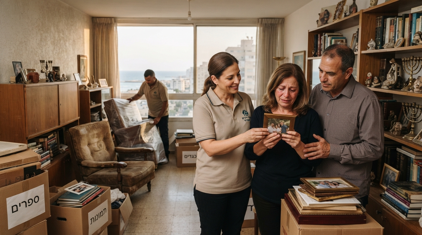 ארגזי קרטון ארוזים ומסודרים בדירה מוארת באשדוד, המיועדת לפינוי לאחר פטירה, באווירה מכבדת ורגישה.