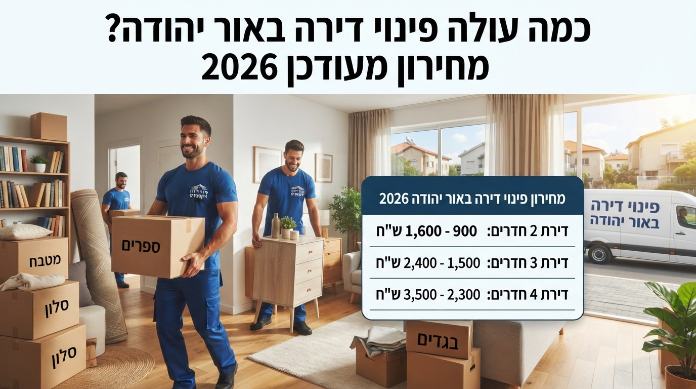 צוות מקצועי מפנה תכולת דירה באור יהודה בצורה מסודרת עם ארגזים, הממחיש את עלויות הפינוי והמחירון לשנת 2026.