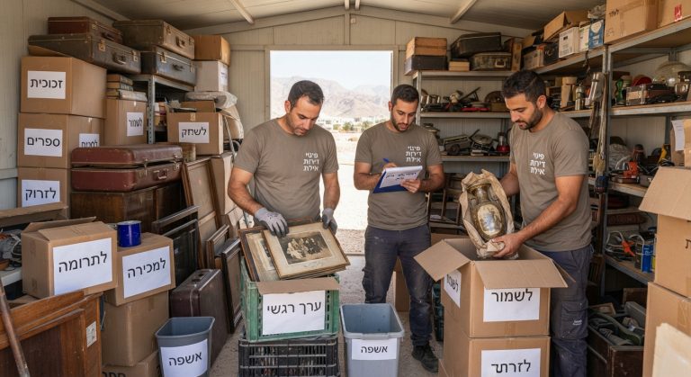 צוות מקצועי ממיין בזהירות ארגזים וחפצים בתוך מחסן עמוס באילת, כדי למנוע השלכה בטעות של פריטים יקרי ערך.