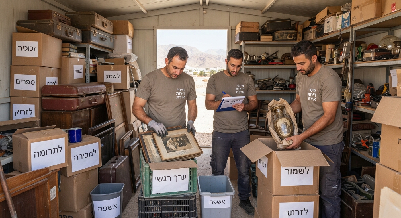 צוות מקצועי ממיין בזהירות ארגזים וחפצים בתוך מחסן עמוס באילת, כדי למנוע השלכה בטעות של פריטים יקרי ערך.