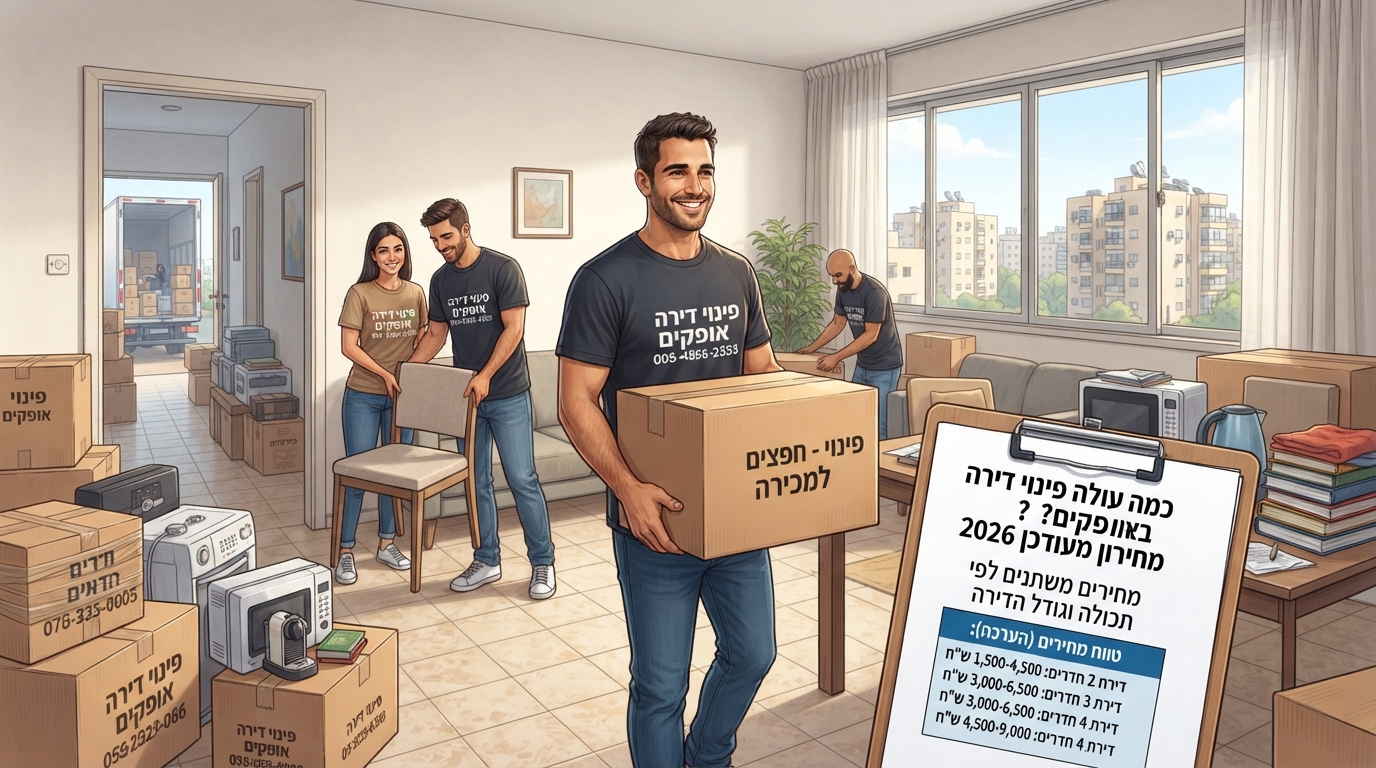 צוות מקצועי של פינוי דירות באופקים מפנה ארגזים ותכולת דירה בצורה מסודרת, המחיש את עלויות הפינוי באופקים לשנת 2026.