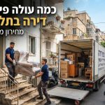 צוות מקצועי של חברת פינוי דירות מפנה תכולה וארגזים מדירה בתל אביב, על רקע נוף עירוני של תל אביב.
