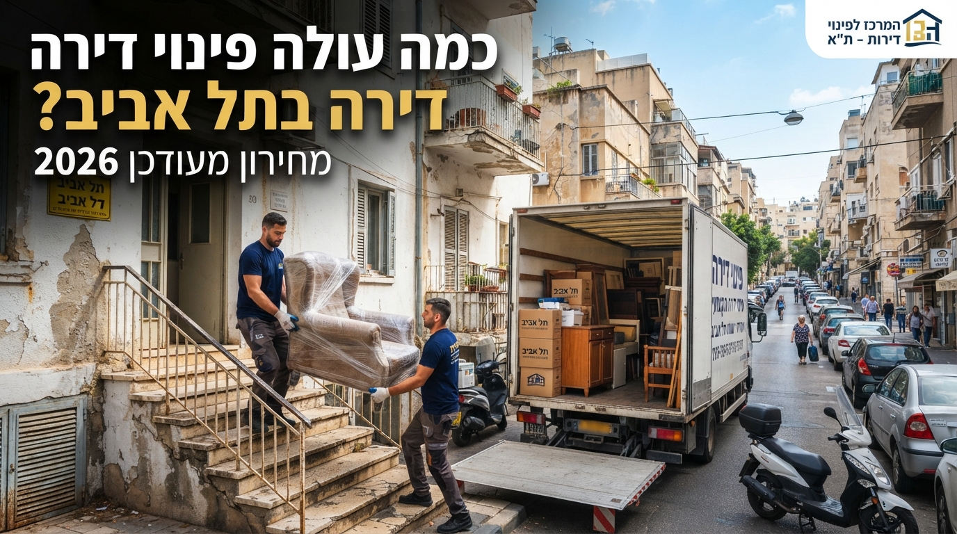צוות מקצועי של חברת פינוי דירות מפנה תכולה וארגזים מדירה בתל אביב, על רקע נוף עירוני של תל אביב.