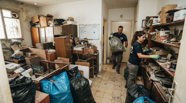 אנשי מקצוע מפנים תכולה מדירה מוזנחת ועמוסה בחפצים, כחלק משירות פינוי דירה מוזנחת.