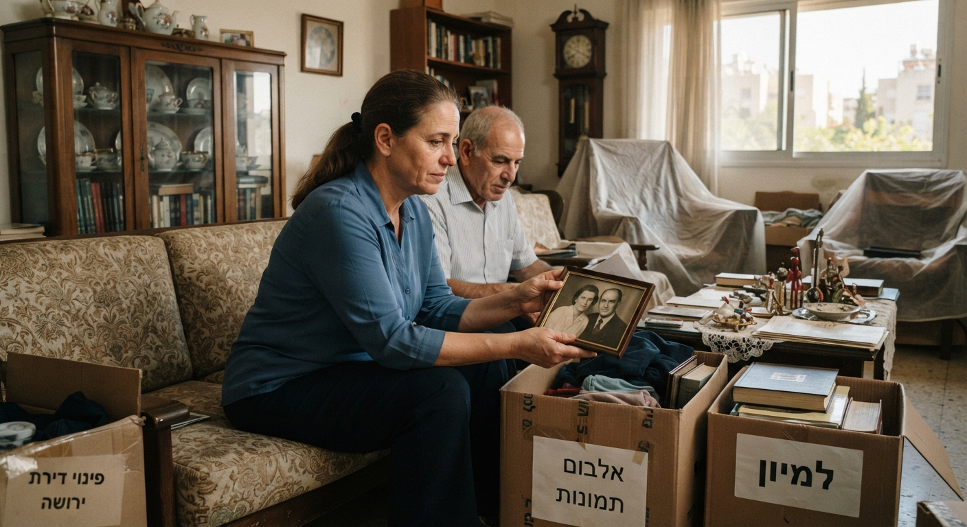 דירה באור עקיבא בתהליך פינוי ירושה מכבד ומסודר, עם ארגזים ארוזים וחדר מואר המציג מעבר נקי והתחלה חדשה.