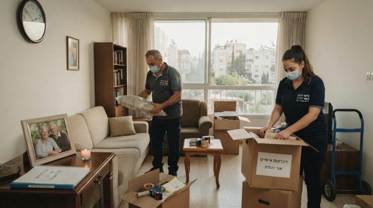 דירה באור יהודה בתהליך פינוי וארגון מכבד, עם קופסאות ארוזות באור טבעי, המייצגת תהליך פינוי דירת נפטר ברגישות.
