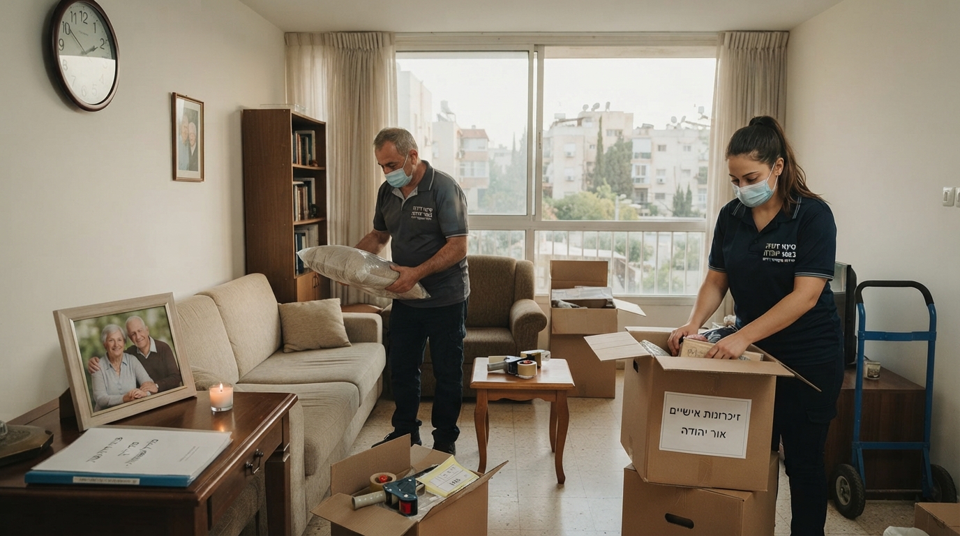 דירה באור יהודה בתהליך פינוי וארגון מכבד, עם קופסאות ארוזות באור טבעי, המייצגת תהליך פינוי דירת נפטר ברגישות.