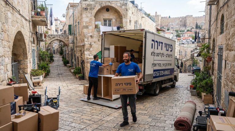 ארגזי קרטון ארוזים ומסודרים בדירה ירושלמית עם חלון המשקיף לנוף של סמטאות ירושלים, כהכנה לפרויקט פינוי דירה ומעבר.