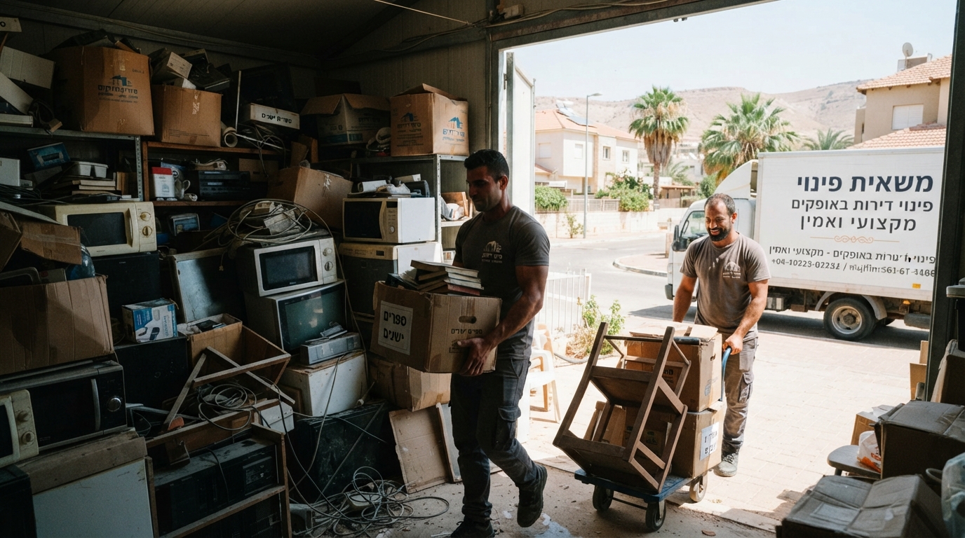 מחסן עמוס וצפוף באופקים המלא בארגזי קרטון ישנים, רהיטים מאובקים ורכוש שנאגר לאורך שנים, לפני תהליך של פינוי וסידור מחדש.