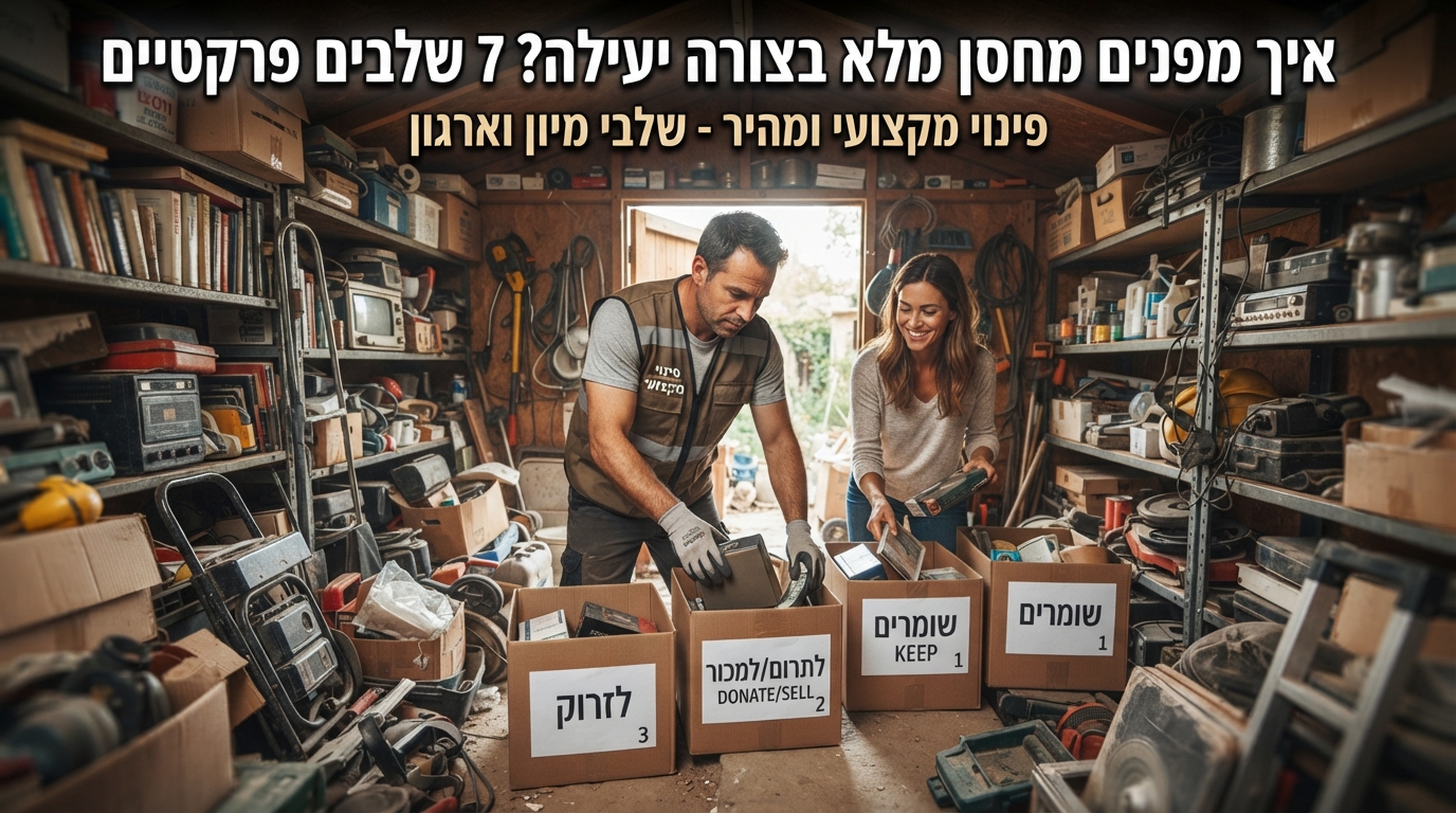 מחסן ביתי עמוס בארגזים וחפצים בתהליך של מיון, סידור ופינוי יעיל.