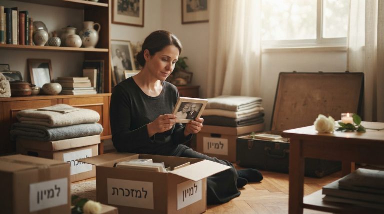 ארגזי קרטון מסודרים בחדר מואר בעדינות, המסמלים את שלב מיון החפצים האישיים במהלך תהליך פינוי דירה אחרי פטירה.
