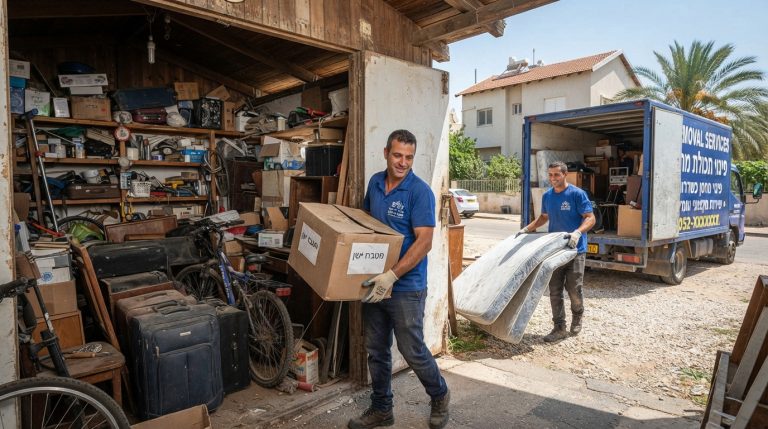 צוות מקצועי של חברת פינוי דירות מפנה ומארגן מחסן עמוס בארגזים וחפצים בשדרות