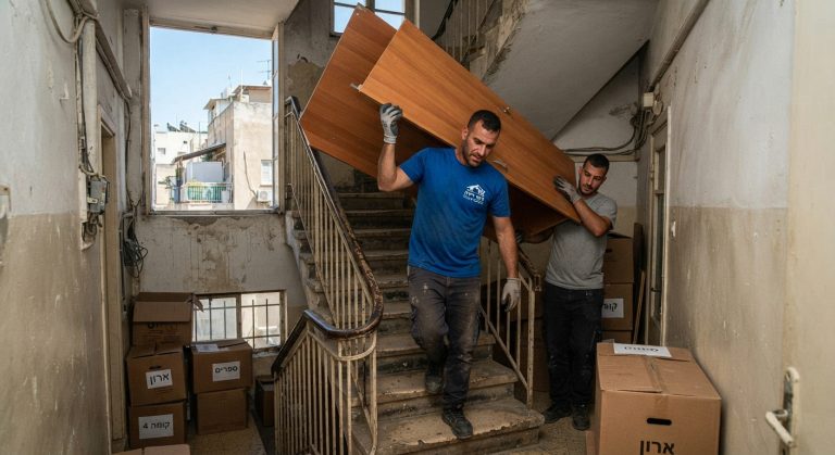 צוות מובילים מקצועי מפנה רהיטים כבדים דרך חדר מדרגות צר בבניין ישן בתל אביב ללא מעלית.