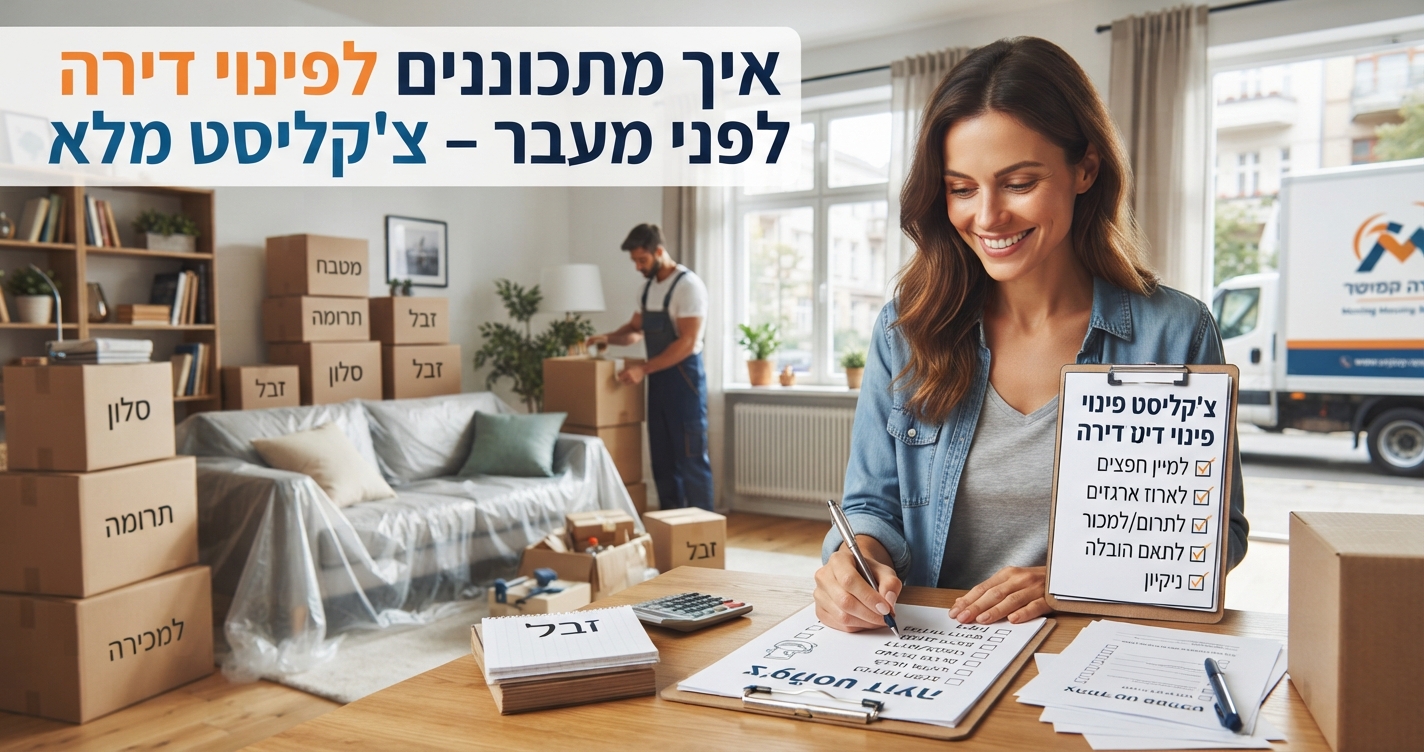 דירה מאורגנת לקראת מעבר ופינוי, עם קרטונים ארוזים ולוח כתיבה המציג צ'קליסט הכנות מפורט.