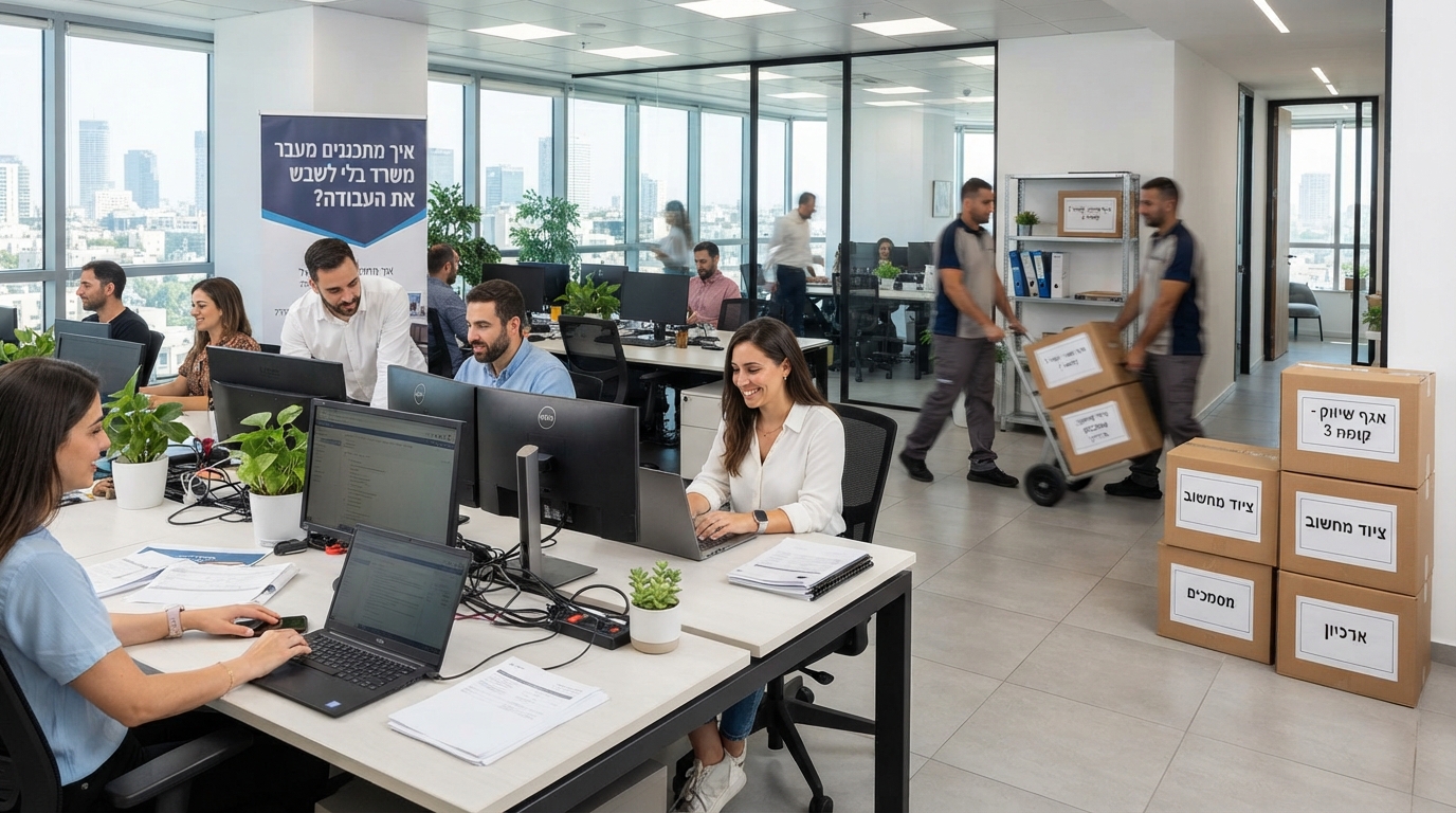 משרד מודרני בתהליך מעבר מאורגן ויעיל. ארגזים ארוזים ומסומנים בצורה מסודרת לצד שולחנות עבודה נקיים, הממחישים תכנון מעבר משרד שקט ללא הפרעה לשגרת העבודה.