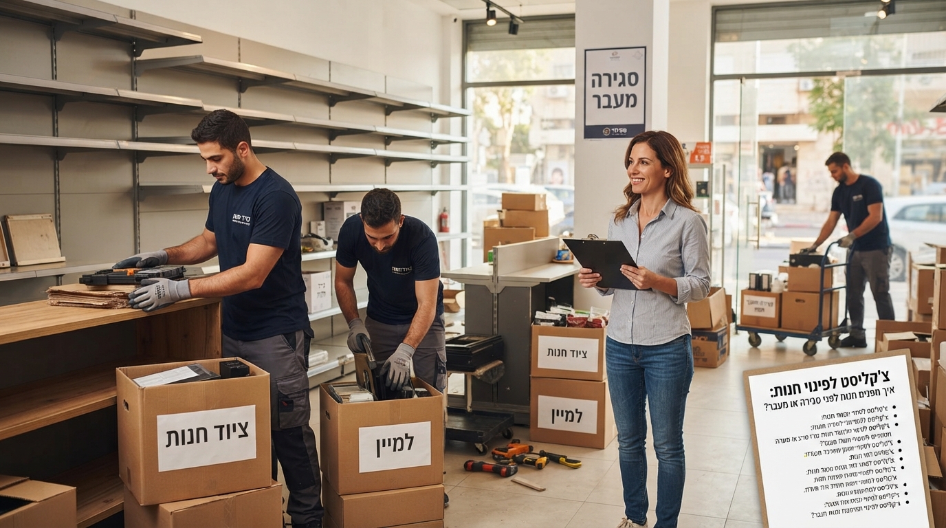 ארגזי קרטון ארוזים, מדפים ומלאי של חנות בתהליך פינוי מסודר ומאורגן לקראת מעבר עסק או סגירה.