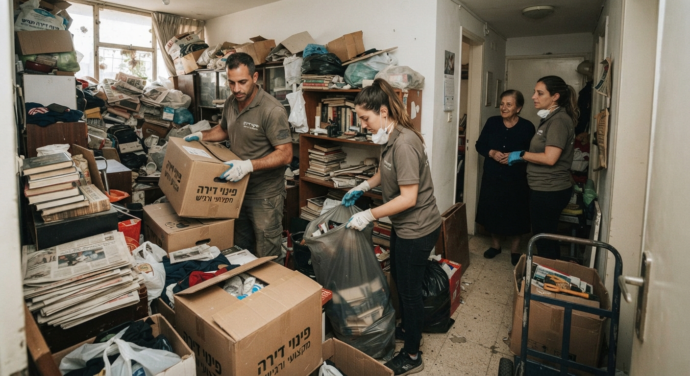 תהליך פינוי וסידור של חדר עמוס בחפצים וקופסאות בדירת אוגר כפייתי, המבוצע ברגישות ובמקצועיות.