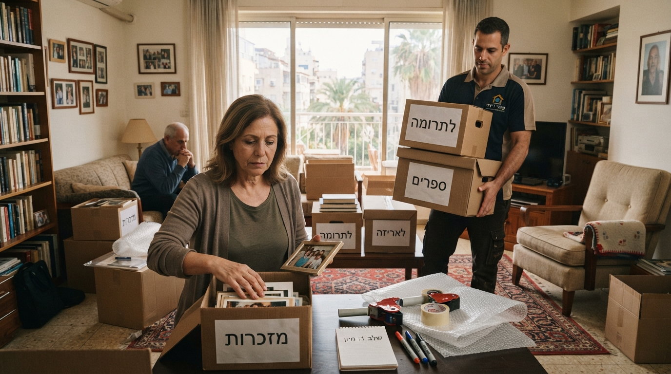 ארגזים ארוזים בצורה מסודרת ומכובדת בחדר מואר, כחלק מתהליך של פינוי דירת נפטר ברגישות ויעילות.