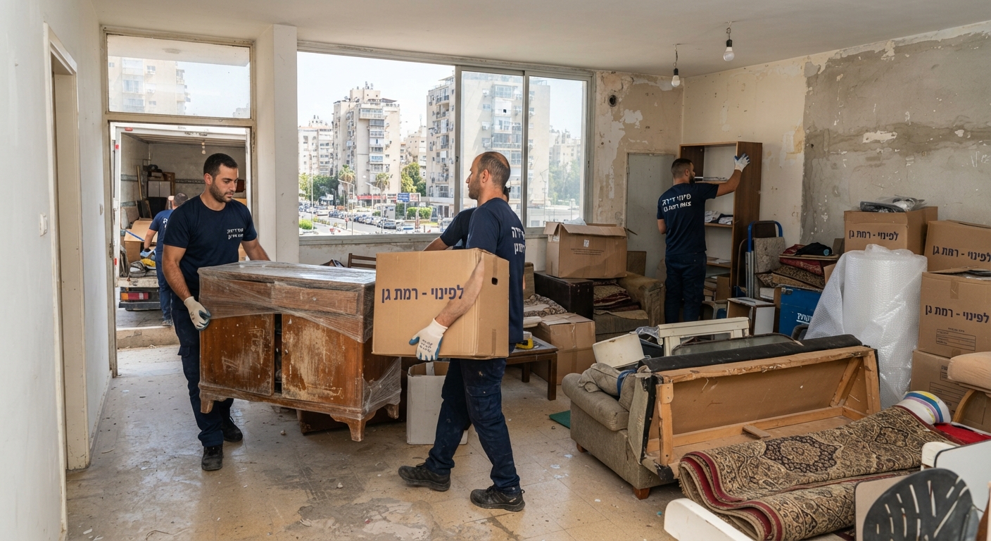 דירה ברמת גן בתהליך פינוי ואריזה, עם ארגזים מסודרים וחלל מתפנה כהכנה לקראת עבודות שיפוצים של קבלן.