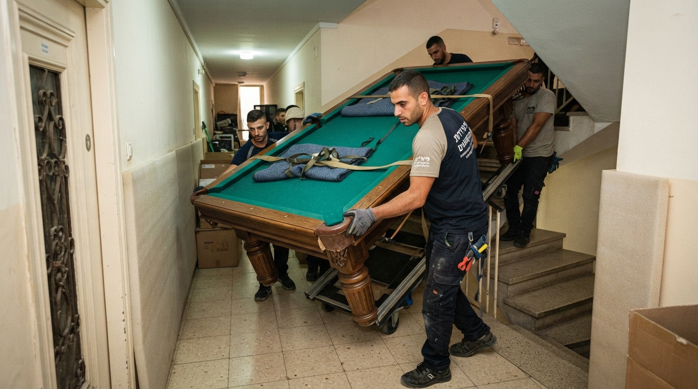 צוות מקצועי של חברת פינוי דירות מפרק ומוביל שולחן ביליארד כבד מתוך סלון ביתי בצורה בטוחה וללא נזק לקירות.