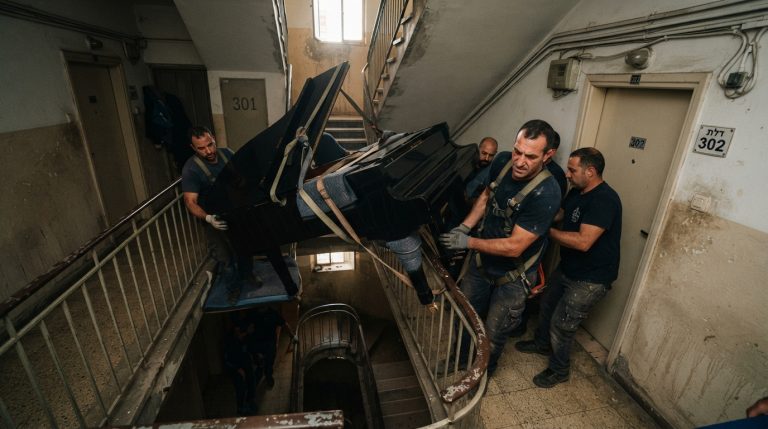 צוות מקצועי של חברת פינוי דירות מוביל ומוריד פסנתר כנף שחור וכבד באמצעות מנוף הרמה ייעודי מחלון של דירה בקומה גבוהה.