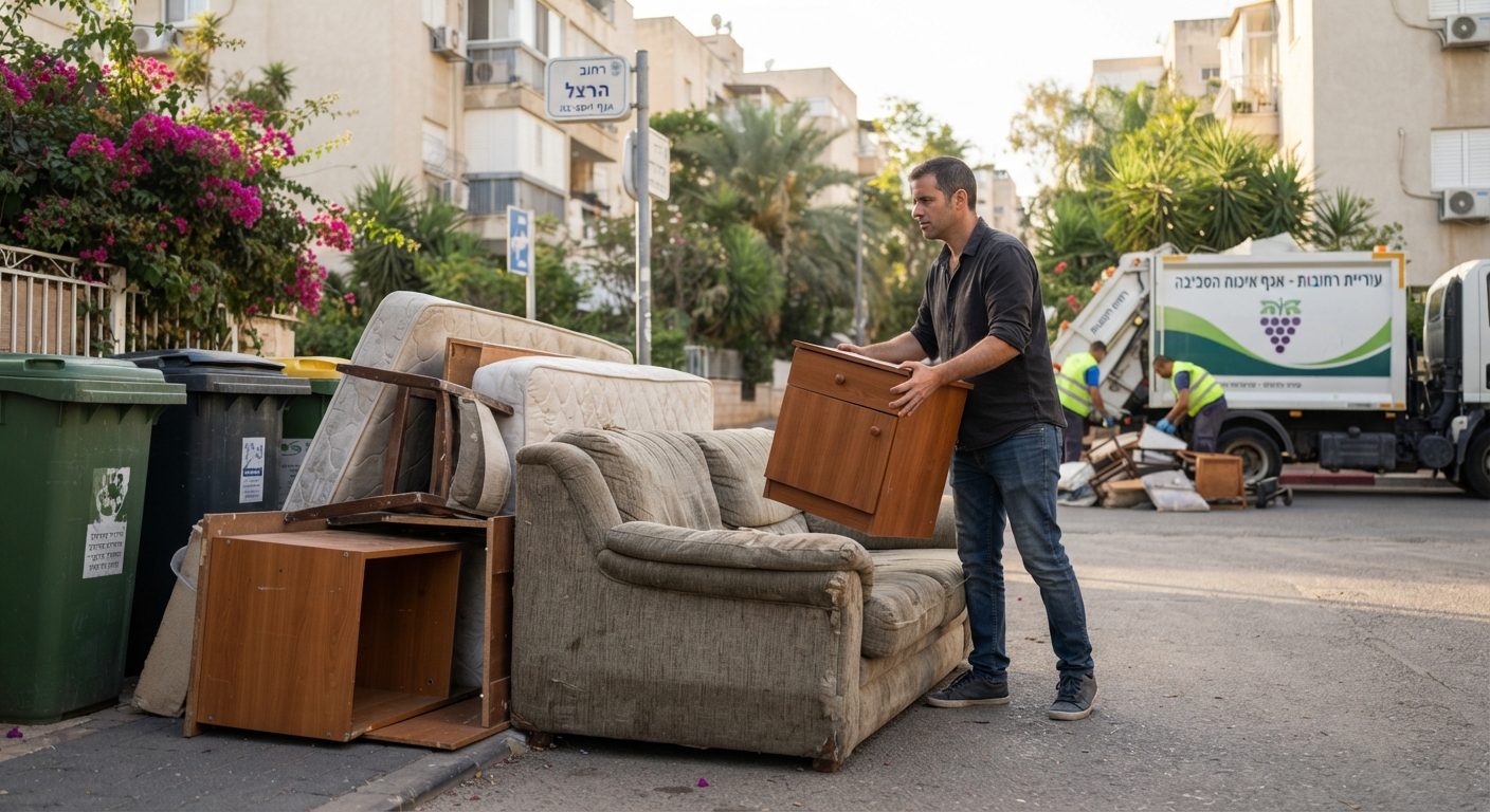 רהיטים ישנים כמו ספה וארון מונחים בצורה מסודרת לפינוי ברחוב בעיר רחובות, על רקע בנייני מגורים.