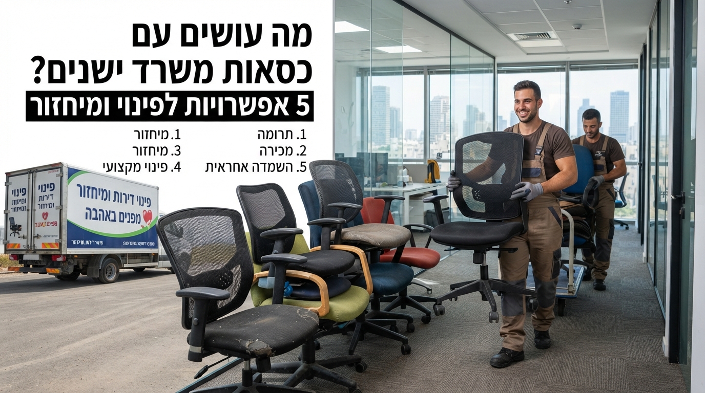 ערימה של כסאות משרד ישנים ומשומשים במשרד, הממתינים לפינוי, תרומה או מיחזור ריהוט משרדי.