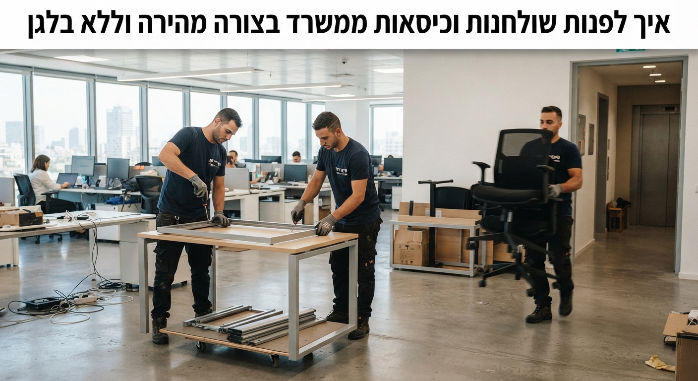 צוות מקצועי מפנה שולחנות וכיסאות משרדיים בצורה מסודרת ויעילה מתוך משרד פעיל, ללא פגיעה ברכוש או הפרעה לסביבת העבודה.