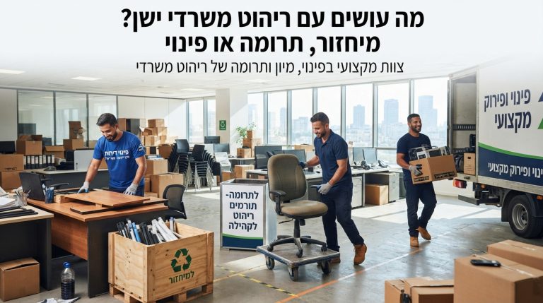 מגוון ריהוט משרדי ישן, כולל כיסאות משרדיים, שולחנות עבודה וארגזים, המוכנים לתהליך של פינוי משרד, תרומה או מיחזור.
