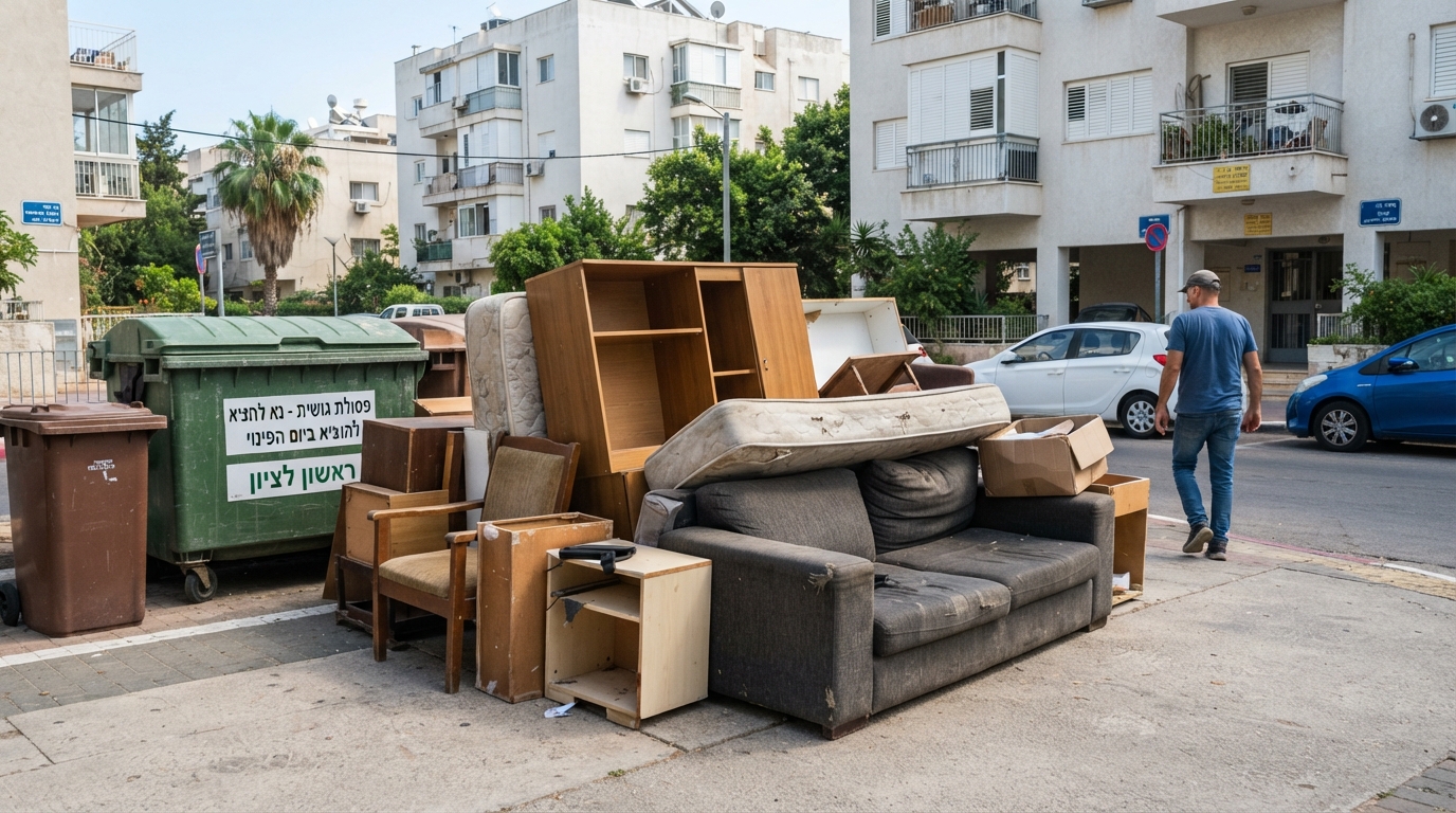 ספה ישנה ורהיטים מונחים על מדרכה בראשון לציון, מוכנים לפינוי פסולת גושית עירוני באופן חוקי.