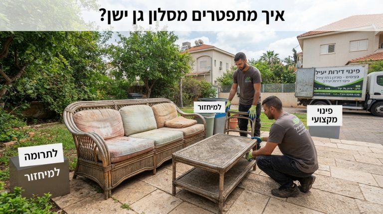 סלון גן ישן ובלוי מעץ וקש עומד בחצר בית, מייצג ריהוט גינה המיועד לפינוי, תרומה או החלפה.