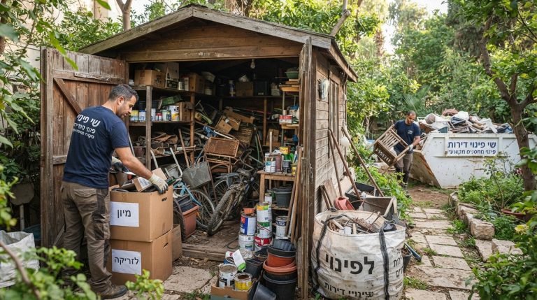 מחסן גינה ישן ועמוס בבלאגן, גרוטאות, ארגזים וכלים חלודים, המדגים את הצורך בפינוי וסידור מחסנים.