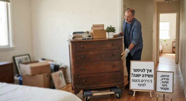 שידת עץ ישנה בחדר שינה, מוכנה לפינוי, תרומה או מיחזור במסגרת פינוי רהיטים מדירה.