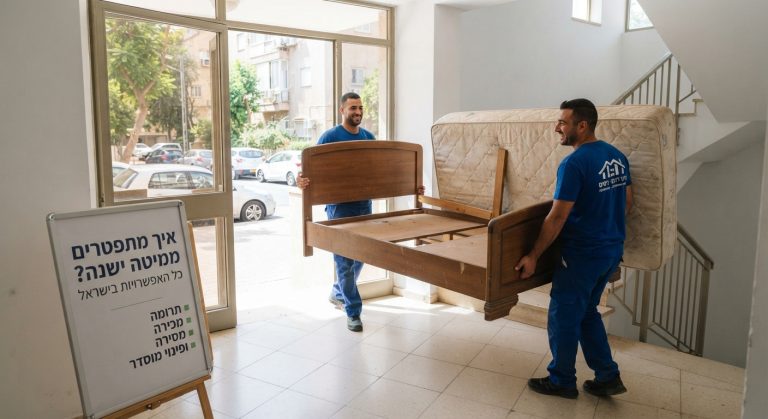מיטה ישנה בחדר שינה המיועדת לפינוי, הממחישה את האתגר שבפינוי רהיטים כבדים ומציגה פתרונות של תרומה, מיחזור או פינוי מקצועי בישראל.