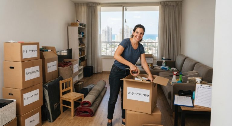 סלון של דירה שכורה בקריית ים בתהליך פינוי וסידור, עם ארגזים ארוזים וחדר נקי המוכן למסירה לבעל הבית.