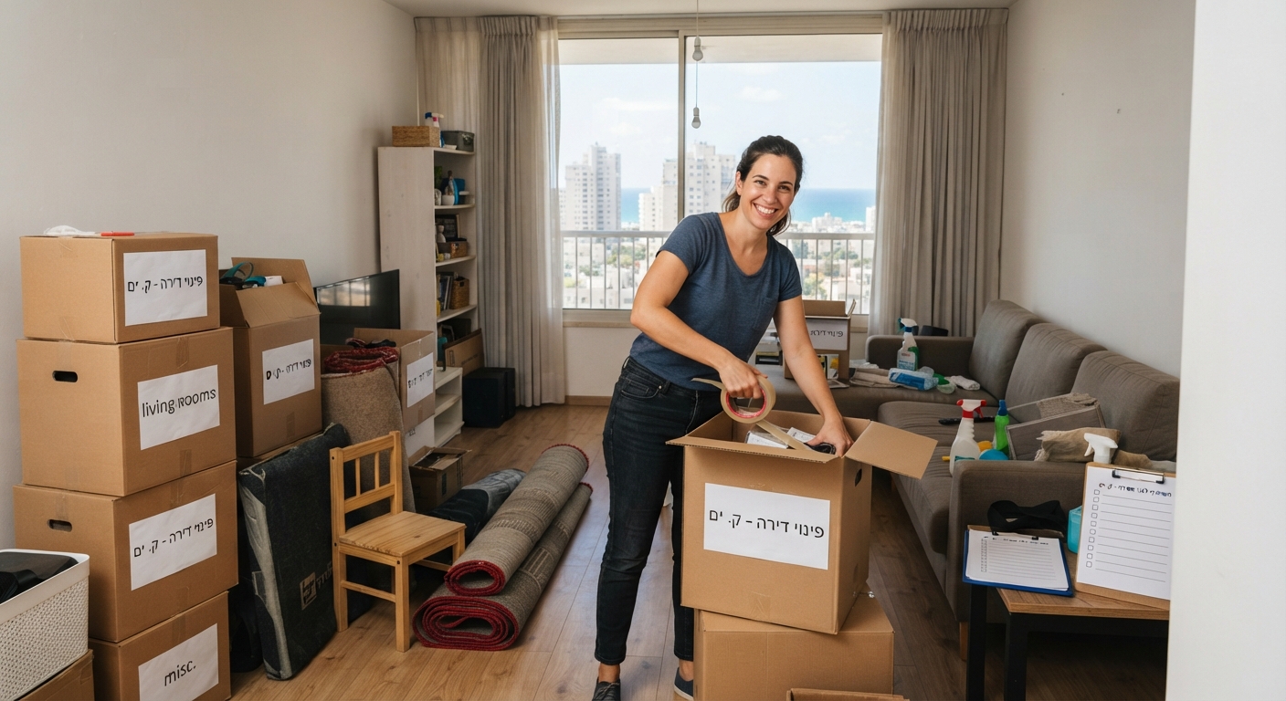 סלון של דירה שכורה בקריית ים בתהליך פינוי וסידור, עם ארגזים ארוזים וחדר נקי המוכן למסירה לבעל הבית.