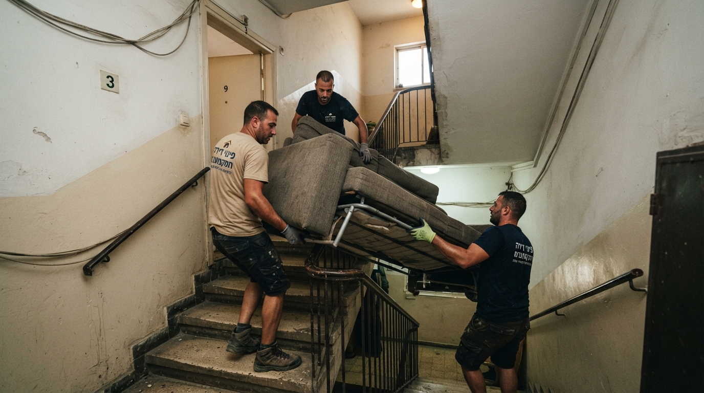 שני מובילים מקצועיים של חברת פינוי דירות סוחבים בזהירות ספה נפתחת כבדה במורד חדר מדרגות צר בבניין ללא מעלית.